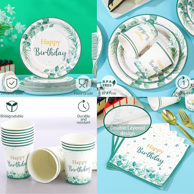 Sage Green Birthday Decorations for Women, Happy Birthday Plates and Napkins Set 168Pcs, for Boho Neutral Sage Green Decorations, Serve 24