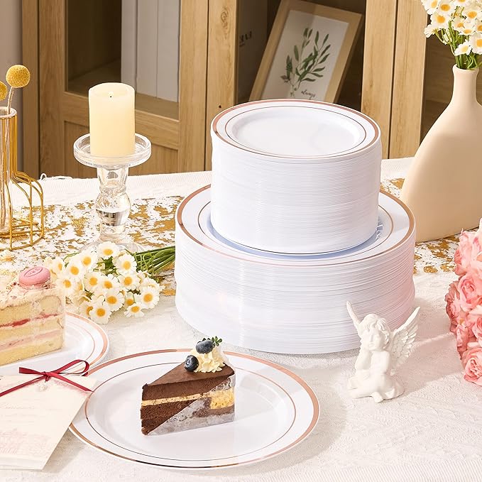 Fijinhom 100PCS Rose Gold Plastic Plates, Disposable Plates with 50PCS 10" Dinner Plates & 50PCS 7" Dessert Plates for 50 Guests, Plastic Party Plates for Wedding, Birthday, Rose Gold