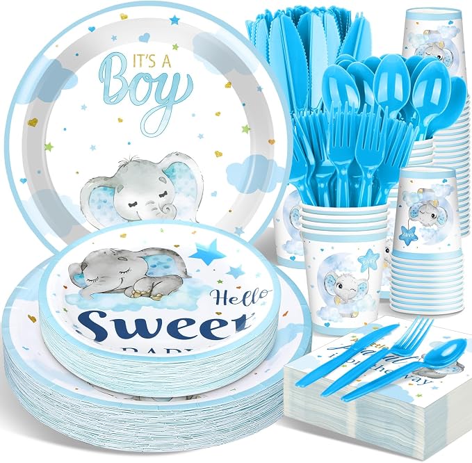 Sliner 175 Pcs Baby Boy Shower Decorations Plates Set for 25 Guests, Blue Elephant Theme Baby Shower Paper Plates Napkins Cups and Utensils Tableware Set It's a Boy Themed Birthday Party Supplies