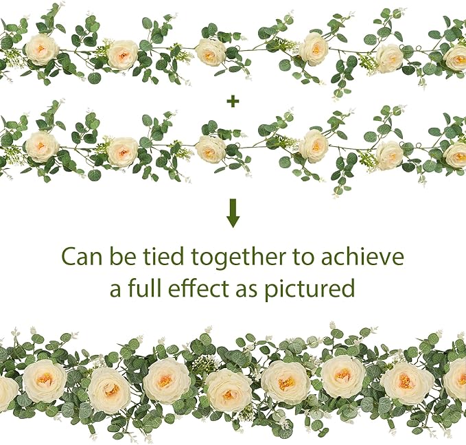 Dolicer 2Pcs 13Ft Artificial Eucalyptus Garlands with Flowers, Faux Floral Greenery Garlands Fake Flowers Vines for Wedding Centerpieces Arch Party Ceremony Backdrop Decor (Champagne)