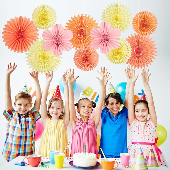 11 PCS Paper Flowers Decorations for Wall Orange Pink Paper Fans Floral Hanging Decoration for Backdrop Birthday Classroom Baby Shower Wedding Bridal Bachelorette Party Decor