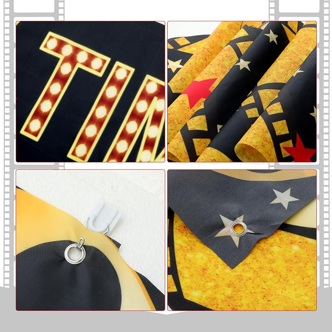 Peryiter 5 Pcs Movie Night Party Decorations Set, Movie Theme Door Banners Gold Tinsel Curtains Double Sided Tape for Film Night Party Supplies