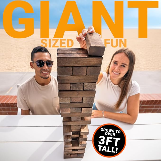 GoSports Giant Wooden Outdoor Stacking Game – Stacks Up to 3 ft – Large Toppling Tower with Case for Yard Games, Family Game Night, Camping, and Parties