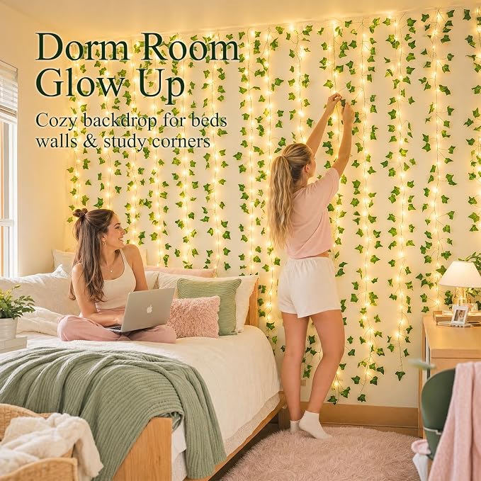 Vines with Lights for Dorm Room, 200 LED Fairy Curtain Lights with Ivy Vines,Warm White Fairy String Lights for Bedroom, 6.5 ft x 6.5 ft, USB Powered with Remote Control and 8 Modes for Bedroom Decor