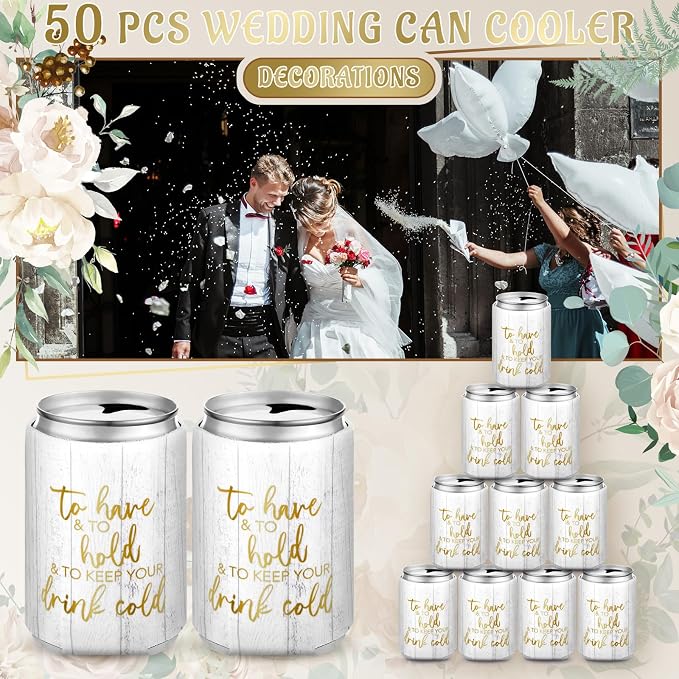 Qinyoung 50 Pieces Wood Grain Wedding Can Cooler Sleeves Bulk Engagement Party Favors for Guests Cheers to Love Laughter and Happily Ever After Rehearsal Dinner Decorations for Wedding Bridal