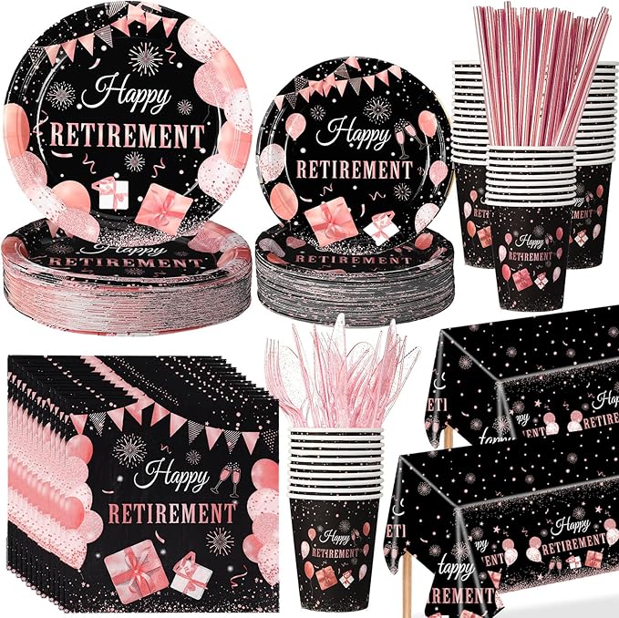 Funnymoom 452 Pcs Retirement Party Decorations Supplies Set Include Rose Gold Retirement Paper Plates Napkins Cups Tablecloth Cutlery Straws for Men Women Say Goodbye Party