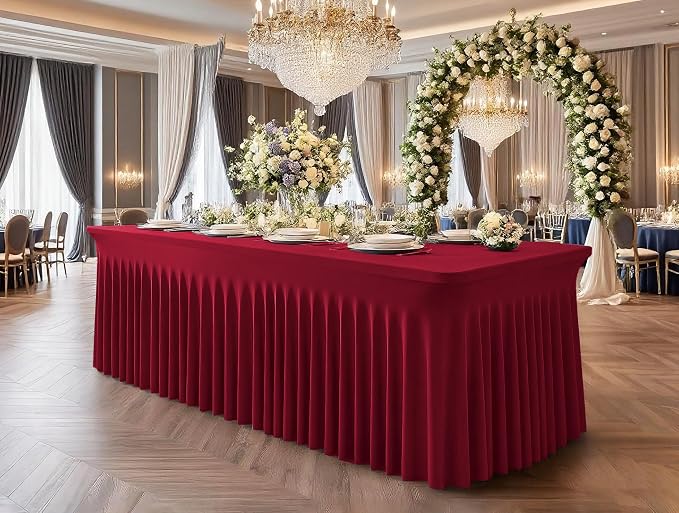 fani 2 Packs Burgundy Stretch Table Skirts for 6 Foot Rectangle Table, Washable Spandex Stretch Tablecloths with Skirt, Wrinkle Resistant Fitted Tablecover for Wedding Party Banquet