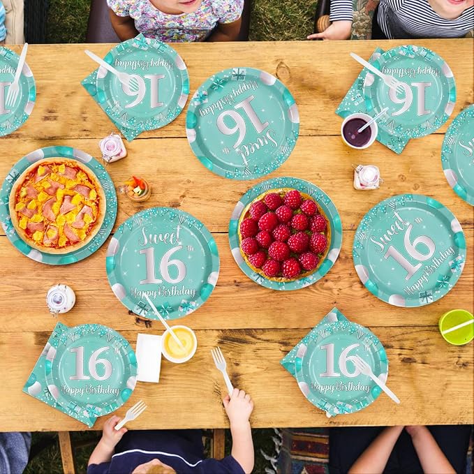 96Pcs Teal 16th Birthday Party Supplies Teal and Silver Sweet 16 Plates and Napkins Tableware Sets Sixteen Party Decorations for Teens Boys and Girls 16 Years Old Birthday Supplies Serves 24