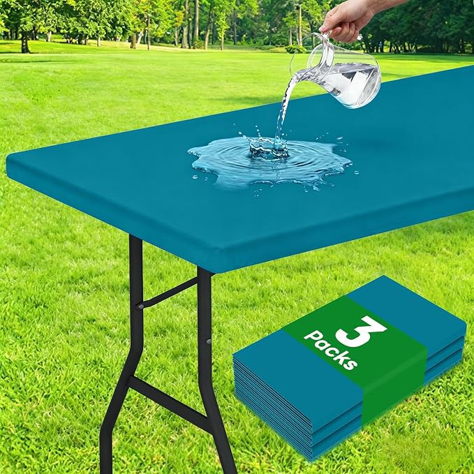 Smiry 3 Pack Rectangle Table Cloth, Elastic Fitted Flannel Backed Vinyl Tablecloths for 8ft Folding Tables, Waterproof Wipeable Table Covers for Outdoor, Camping and Picnic (Turquoise, 30"x96")