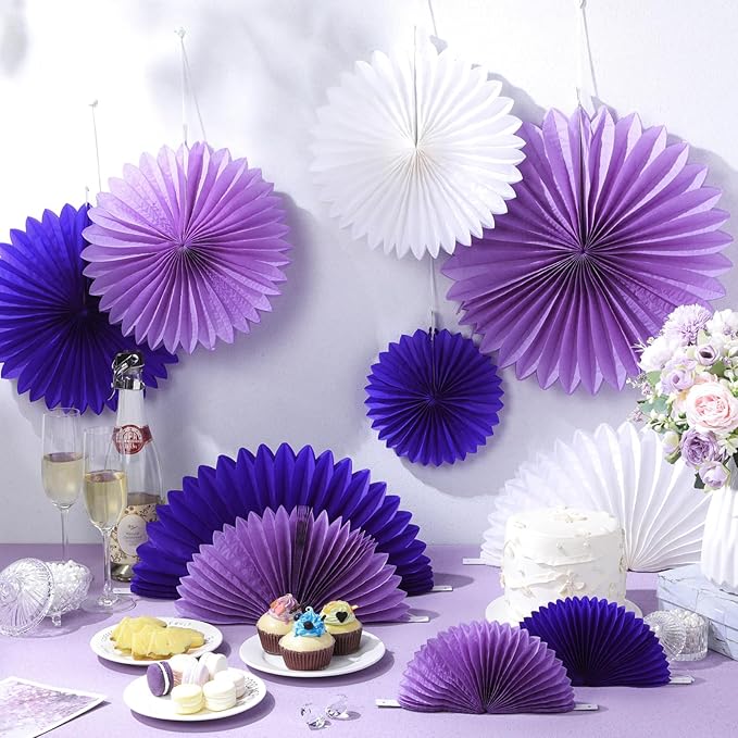 MotiMind 24 Pcs Purple and White Paper Fans Purple Party Decorations Classroom Decor Wall Background Ceiling Hanging Decoration for Birthday Wedding Baby Bridal Shower Engagement Party Decor
