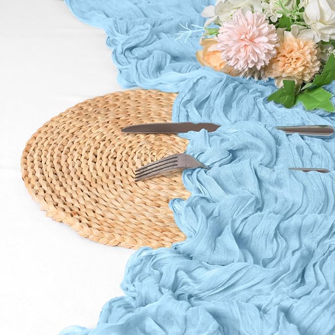 12 Pack Light Blue Cheesecloth Table Runner 10FT Baby Blue Boho Gauze Cheese Cloth Table Runner Rustic Sheer Fabric Table Runners for Wedding Bridal Shower Baby Shower Party(21.5×120 Inch)