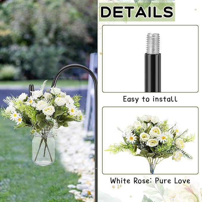 Thiccywoov 8 Sets Wedding Aisle Decoration Include 16 oz Rose Daisy Hanging Mason Jar 32 Shepherds Hooks Rustic Mason Jar with Faux Rose and Daisy for Outdoor Wedding Isle Ceremony Decorations