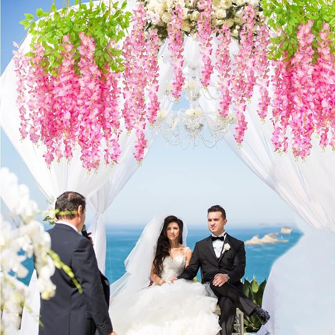 AITISOR 24 Pack Artificial Fake Wisteria Vine Ratta (3.75 Feet) Hanging Garland Silk Flowers String Home Party Wedding Decor (Deep Pink)