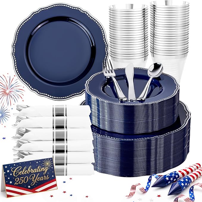 Hioasis 350pcs Blue Silver Plastic Plates - Silver Plastic Dinnerware Set Includes 50 Dinner Plates, 50 Dessert Dinnerware, 50 Cups, 50 Napkins Perfect for Wedding & Party & 4th ofJuly