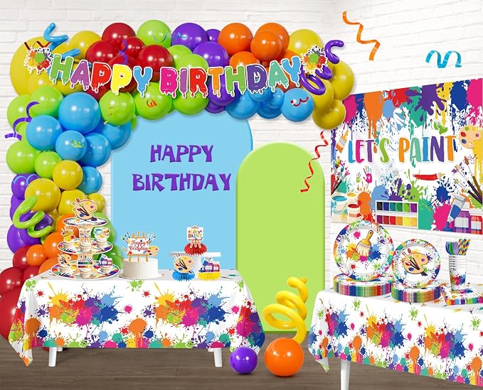 285PCS Paint Party Decorations, All-in-One Art Birthday Party Decorations with Balloon Garland, Backdrop, Tableware, Banner, Tablecovers, Cake Toppers, Serves 25