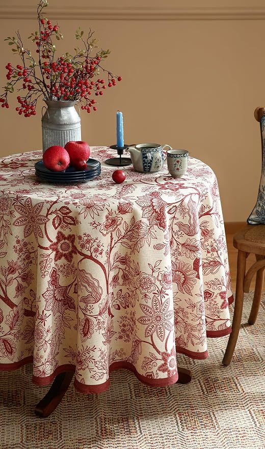 ISAENNE Designer French Linen Round Tablecloth,Diameter 55"-Ruyi A | Vintage Elegant Table Cloth for Round Table,Red Floral Pattern,Decoration,Heavyweight,Dining Room,Kitchen,Thanksgiving