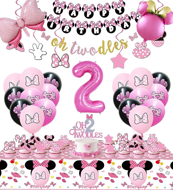 Pink 2nd Birthday Party Supplies, Oh Twodles Girl Second Party Decorations Includes Happy Birthday Banner, Hanging Swirls, Tablecloth, Cake Cupcake Toppers, Bow Foil Balloon, Latex Balloons