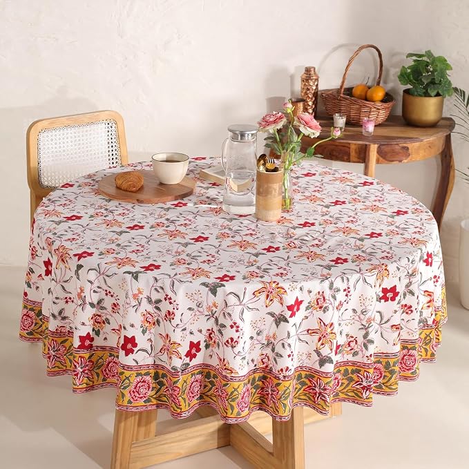 Hand Block Printed Tablecloth – Colorful Floral Print | 100% Cotton | Indian Artisan Handmade Art | Dining Room, Kitchen, Outdoor Décor, (Ruby Rose Charm, 6 Seater 72 Inches Round)