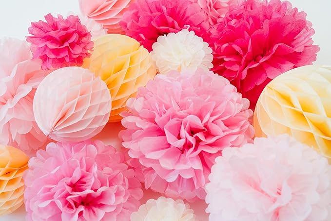 PapaKit Deluxe Origami Large Wall Decoration Set (Assorted Paper Fans & Pom-poms) Birthday Party Baby Shower Wedding Event Decor | Creative Art Design (Sparking Pink Rose Blush, Deluxe 26 Piece Set)
