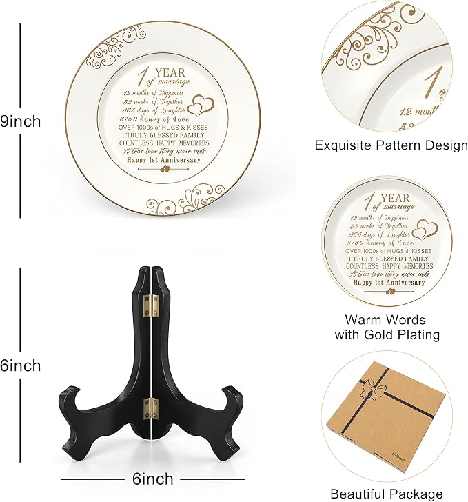 Urllinz 1st Anniversary Plate with 24k Gold Foil - 1 Year Paper Anniversary Wedding Gifts Decorations for Him Couples Wife Husband, Ceramic 9"