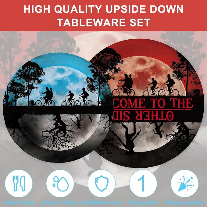 120 PCS Stranger Party Supplies with Disposable Paper Plates Napkins Cups Themed Party Decorations for Boys Girls Stranger Things Theme Party