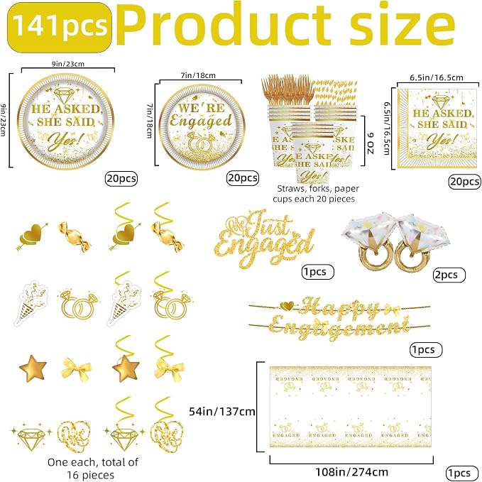 141PCS Engagement Party Decorations, Happy Engagement Banner Ring Foil Balloons He Asked She Said Yes Disposable Dinnerware with 1 Pcs Tablecloth, Wedding Proposal Decorations