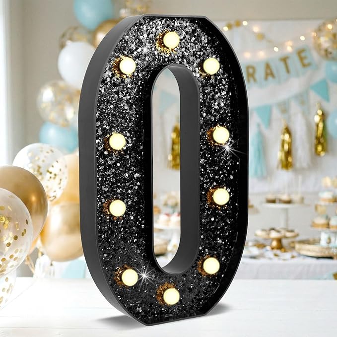 12.6 Inch LED Black Marquee Light Up Numbers, Birthday Decorations Number Lights as Gifts for Girls Women Men, Glitter Lighted Marquee Numbers for Black Anniversary Party Table Decor, 0