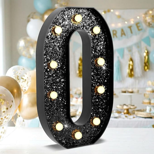 12.6 Inch LED Black Marquee Light Up Numbers, Birthday Decorations Number Lights as Gifts for Girls Women Men, Glitter Lighted Marquee Numbers for Black Anniversary Party Table Decor, 0