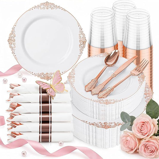 Hioasis 350pcs Rose Gold Plastic Plates - Elegant Disposable Dinnerware Set Suitable for 50 Guests Include 10.25" Dinner & 7.5" Dessert Plates, Pre Rolled Silverware Set, Cups for Party & Thanksgiving