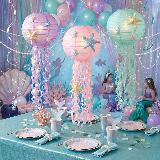 VioraWhite 18 Pcs Mermaid Birthday Party Decorations 6 Pcs 9.8'' Hanging Jellyfish Paper Lanterns 8 Starfish Decor 2 Holographic Iridescent Dot Garlands for Mermaid Under The Sea Ocean Birthday Decor