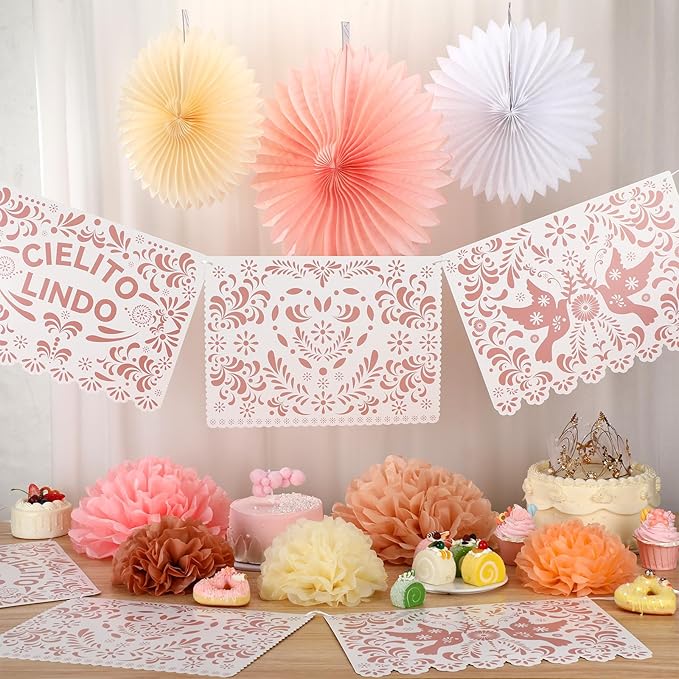 18 Pcs Cielito Lindo Party Decoration Cielito Lindo Decorations Hanging Paper Fans Pom Poms and Paper Banner for Bridal Shower, Fiesta, Engagement, Mexican Baby Shower (Pink)