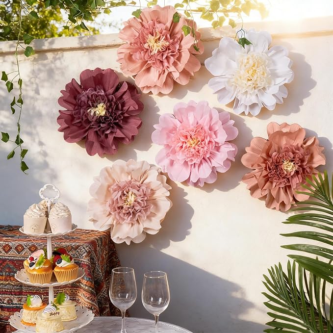 SUNBEAUTY 6 Pcs Large Boho Tissue Paper Flowers 12'' Giant Crepe Paper Flowers Decorations for Birthday Mexican Fiesta Spring Wedding Flower Backdrop Baby Bridal Shower Carnival Party Wall Decor