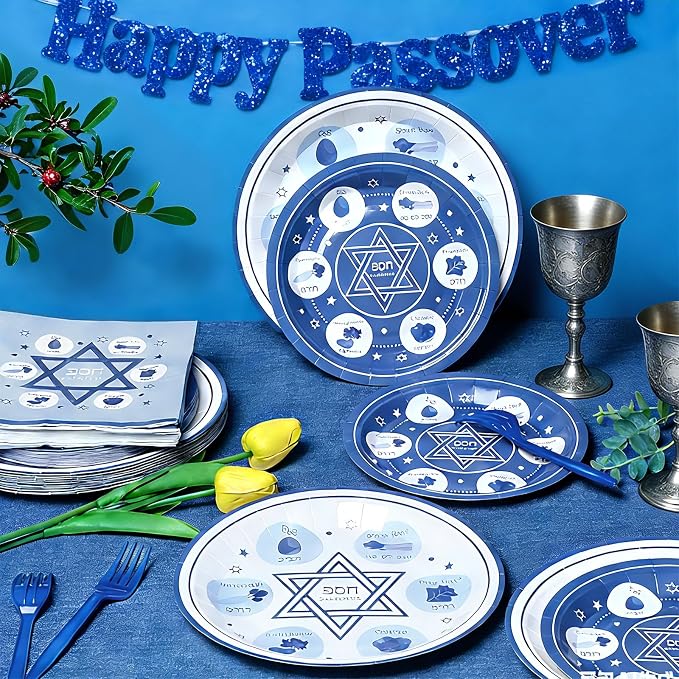 96Pcs Passover Paper Plates and Napkins Passover Seder Party Supplies Renaissance Design Tableware Party Decorations Happy Pesach Plates Dinnerware for Jewish Holiday Pesach and all Seder 24 Guests