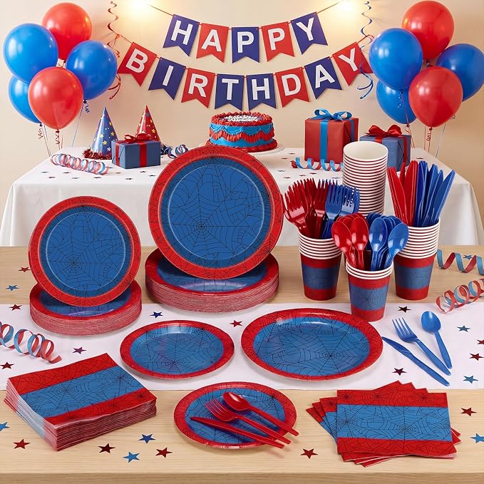 400 Pcs Spider Birthday Party Decoration for 50 Guests, Red Blue Paper Plates Napkins Cups Tablecloth Cutlery Disposable Tableware Set for Spider Web Party Supplies