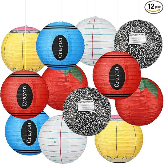 Retisee 12 Pcs Back to School Classroom Paper Lanterns 10 Inch Classroom Hanging Decoration Pencil Crayon Apple Decorative Lanterns Ceilings Decor for First Day of School Welcome Party Supplies