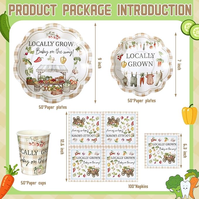 Newtay 250 Pcs Locally Grown Baby Shower Disposable Plates and Napkins Farmers Market Disposable Tableware Set for 50 Guests Vegetable Theme Paper Plates Napkins for Birthday Baby Shower Supplies