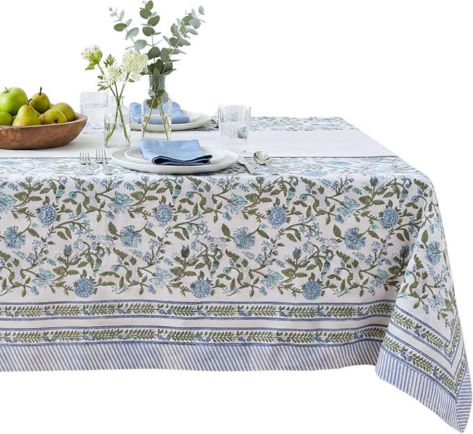 ATOSII Mahoka Blue 100% Cotton Fall Tablecloth, Handblock Floral Linen Table Cloth for Kitchen Dining Table I Parties Weddings Outdoors Easter Valentine's Gift I 60 X 90 Inches I 6 Seater