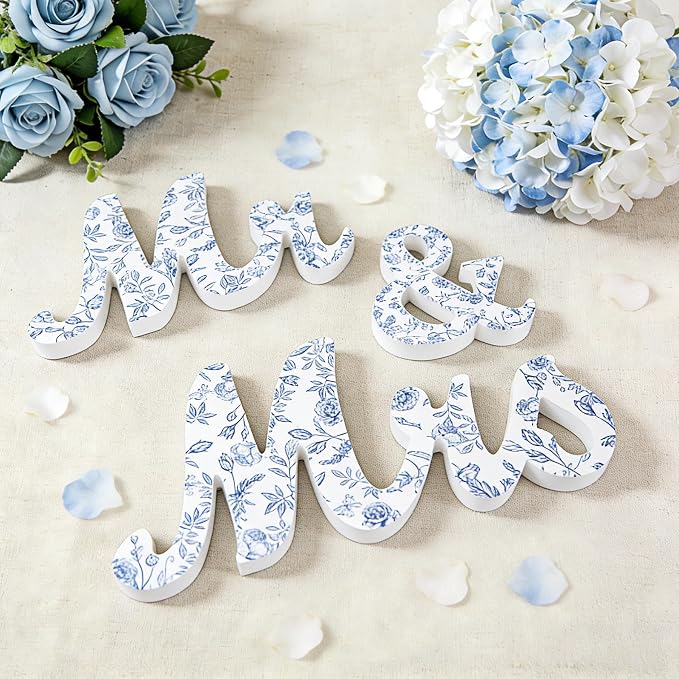 Mr & Mrs Sign for Wedding Table Blue Floral Wedding Decorations for Reception Rustic Wooden Freestanding Letters Table Centerpieces Wooden Photo Booth Props for Wedding Bridal Anniversary Supplies