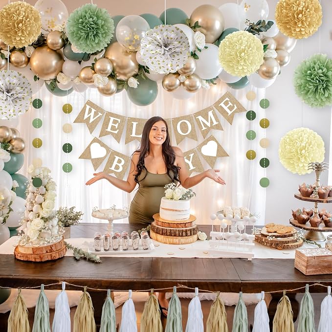 Sage Green Baby Shower Decorations Olive Green Balloon Garland Kit Welcome Baby Banner Balloons Pom Poms Flowers Tassels Circle Dots Star Garland for Gender Neutral Baby Shower Supplies