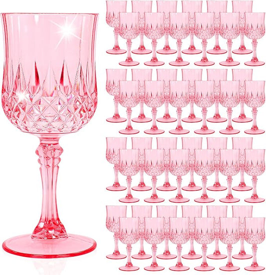 48 Pack Pink Plastic Wine Glasses, Vintage Plastic Goblets for Parties, Drinking Glasses Unbreakable Glassware Crystal Water Goblets Reusable Drinkware for Wedding Reception Grand Event Party