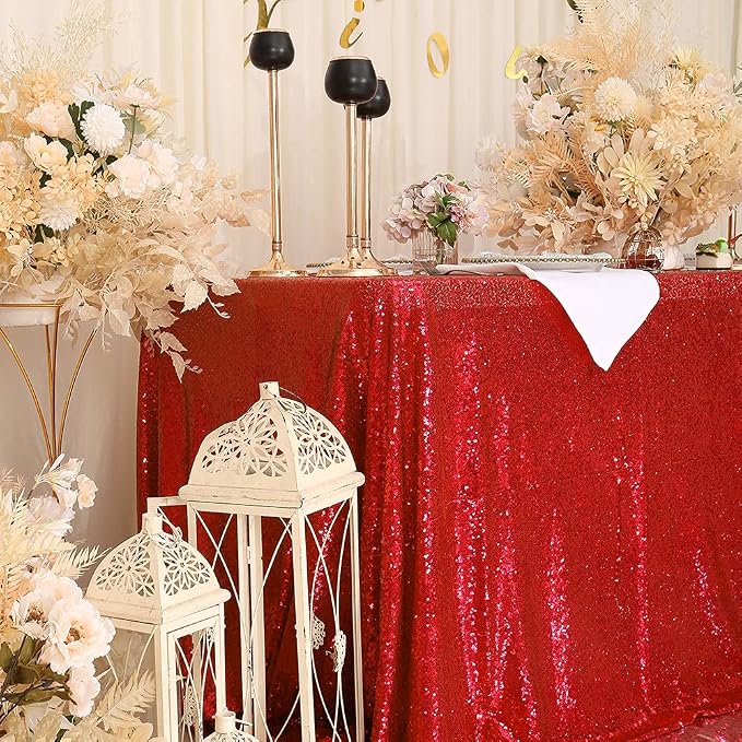 Eternal Beauty Red Tablecloth, 50x80 Inch Sequin Christmas Rectangle Table Cover for Valentines Cake Dessert Exhibition Party Birthday Events