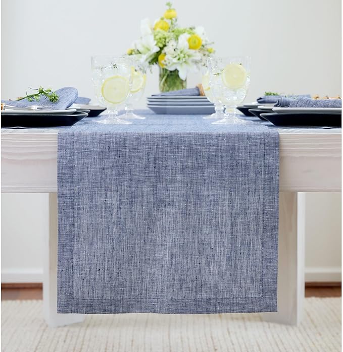 Solino Home Linen Table Runner 144 Inches Long - Athena, 100% Pure Linen Chambray Indigo 14 x 144 Inch Table Runner for Dining, Spring, Summer, Mothers Day