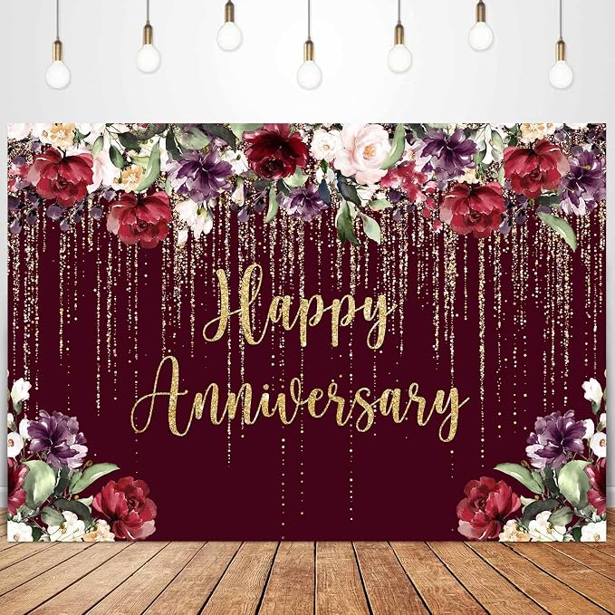Happy Anniversary Backdrop Party Decorations, Burgundy Flower Wedding Anniversary Party Photography Background Couple Marriage Engagement Commemoration Day Banner Photo Shoot Props 8x6ft