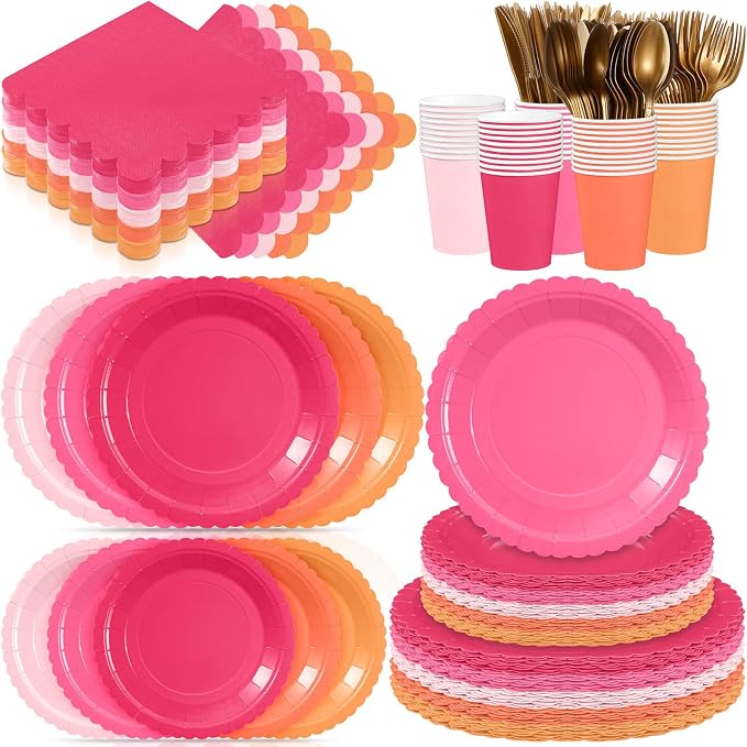Zhehao 175 Pcs Pink and Orange Plates and Napkins Hot Pink Orange Party Disposable Tableware Kit with Plates, Cups, Napkins, Cutlery for Sunset Neon Baby Shower, Birthday, Wedding Party Supplies