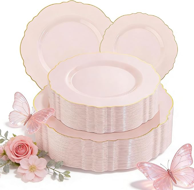 WDF 100pcs Pink Plastic Plates - High-end Baroque Design - Pink and Gold Plates - Including 50 Disposable Plate 10.25inch, 50Salad Plate 7.5inch for Wedding/Baby Shower/Spring/Birthday/Mother's Day