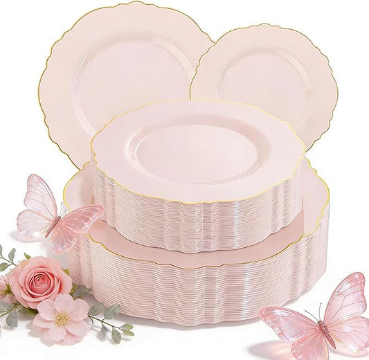 WDF 100pcs Pink Plastic Plates - High-end Baroque Design - Pink and Gold Plates - Including 50 Disposable Plate 10.25inch, 50Salad Plate 7.5inch for Wedding/Baby Shower/Spring/Birthday/Mother's Day