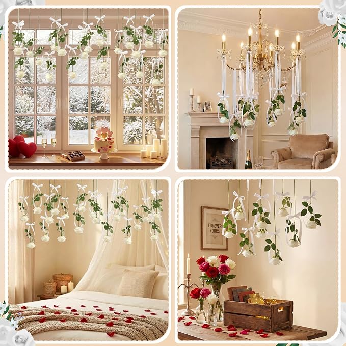 Sliner 25 Pcs Artificial Rose Flowers Hanging Decorations, Dangling Flowers Garland with Hooks Spring Party Decorations Hanging Flower Ceiling Decoration for Wedding Party Spring Home Birthday(White)
