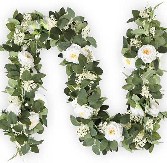 MAKHOT 2Pack White 6.6 Ft Eucalyptus Garland with Lovely Faux Rose Flowers, Artificial Eucalyptus and Rose Garlands Decor, Floral Greenery Garland for Wedding Home Table Decor (White)