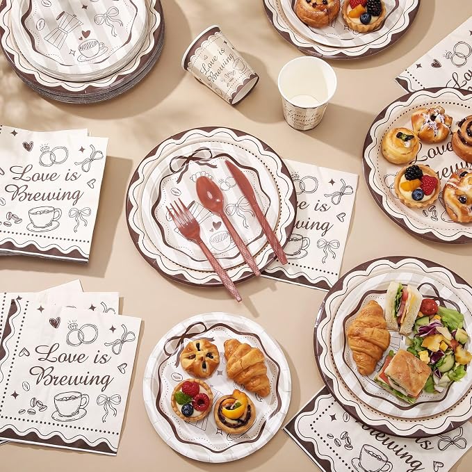 Ziliny 280 Pcs Love Is Brewing Bridal Shower Decorations Disposable Tableware Set Coffee Theme Paper Plates Napkins Plastic Knives Forks Spoons for Bachelorette Party Supplies Baby Shower Serves 40