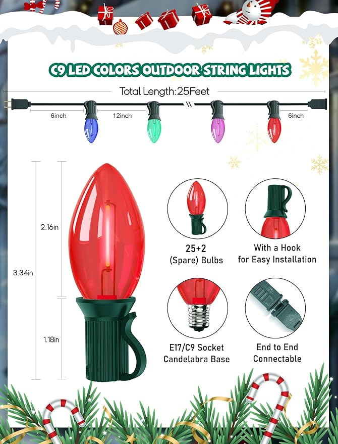 Outdoor C9 Multicolor Christmas Lights, 25Ft Vintage Christmas Lights with 27 LED C9 Bulbs, Extendable Plug in String Lights for Tree Patio Wedding Outdoor Indoor Christmas Decorations